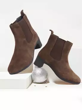 Brown Suede Leather High Ankle Chelsea Boots for Women with Flared Heels - Classic Winter Style