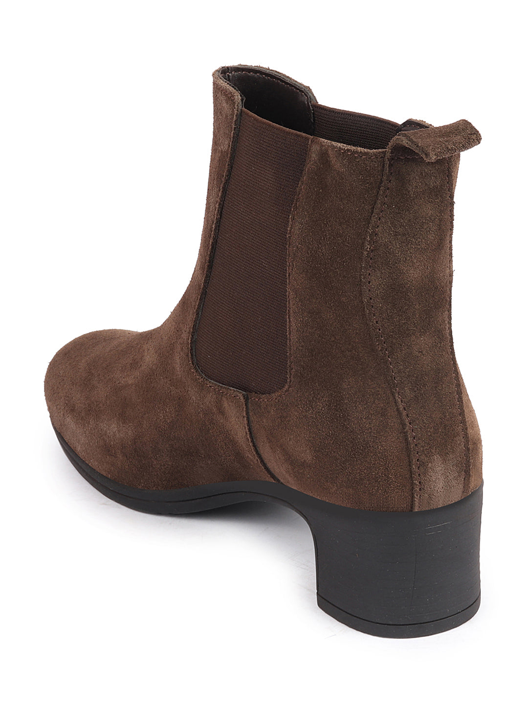 Brown Suede Leather High Ankle Chelsea Boots for Women with Flared Heels - Classic Winter Style