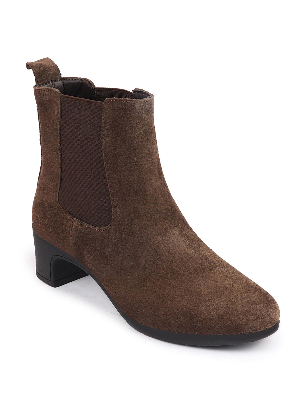 Brown Suede Leather High Ankle Chelsea Boots for Women with Flared Heels - Classic Winter Style