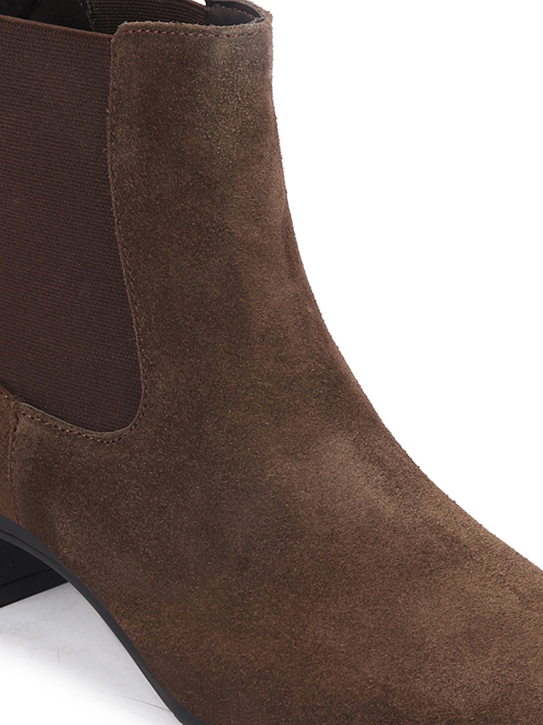 Brown Suede Leather High Ankle Chelsea Boots for Women with Flared Heels - Classic Winter Style