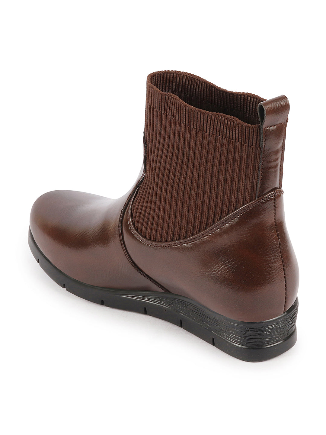 Brown Women's Mid Top Socks Collar Slip On Work Boots with Wedge Heel for Broad Feet