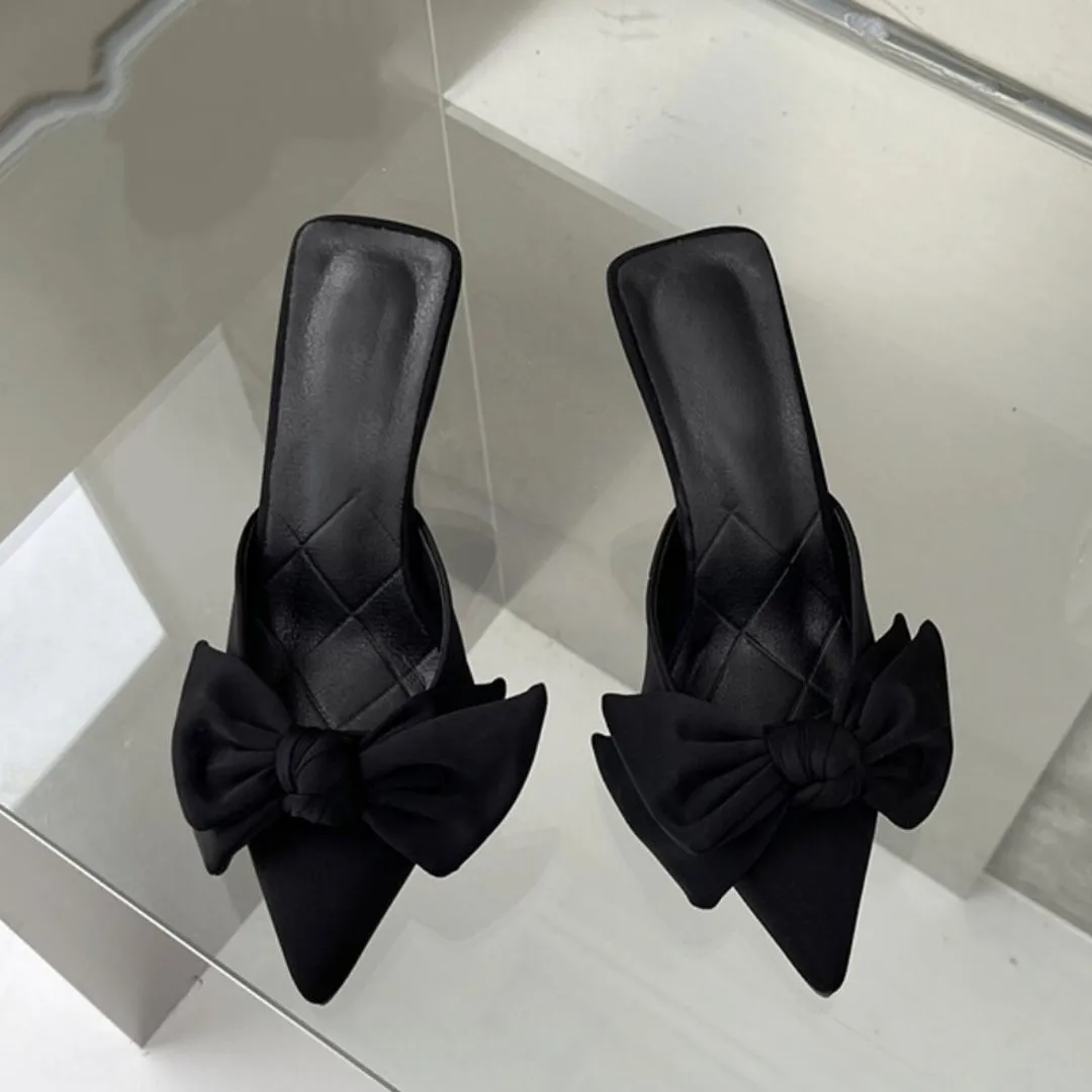 Butterfly knot women slippers sandals, shallow pointed toe mules, stripper high heel pumps for ladies.