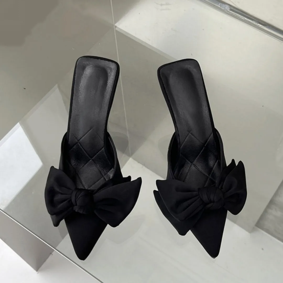 Butterfly knot women slippers sandals, shallow pointed toe mules, stripper high heel pumps for ladies.