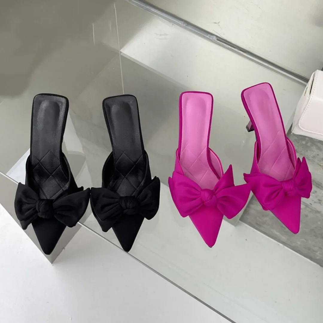 Butterfly knot women slippers sandals, shallow pointed toe mules, stripper high heel pumps for ladies.