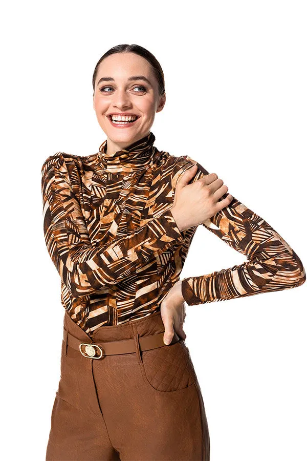 Caroline Biss Brown Graphic Print Jersey Turtleneck