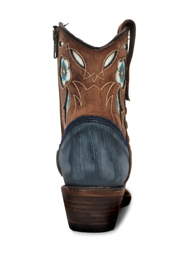 Western Style Women's Inlay and Floral Embroidered Cowgirl Boots in Shedron and Light Blue