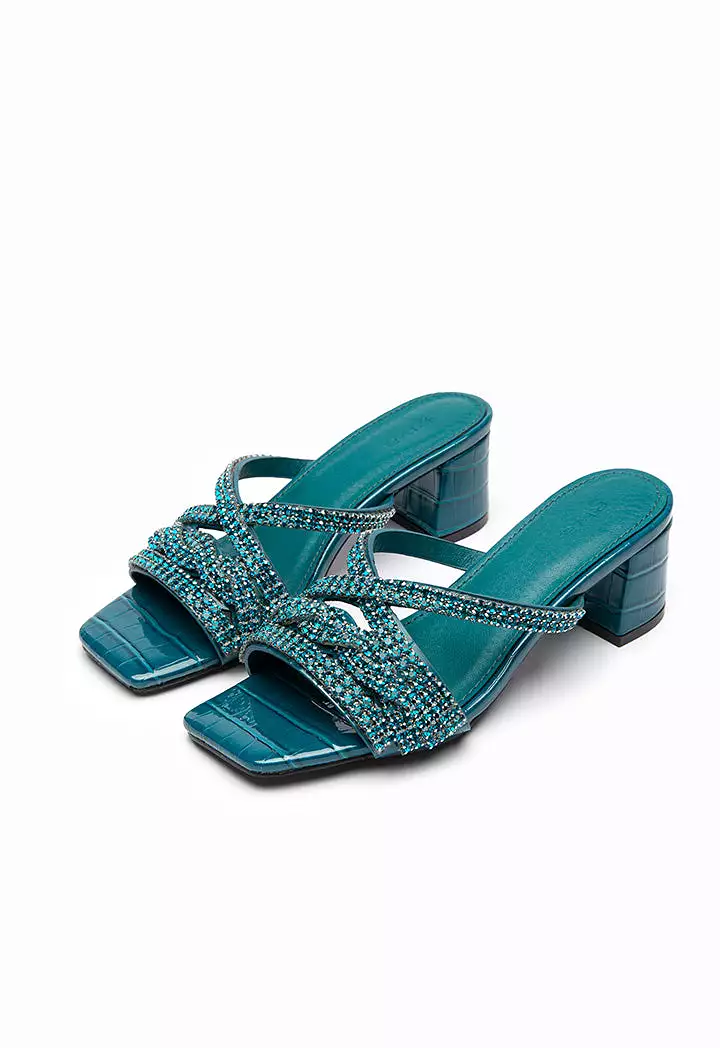 Crystal Vamp Block Mule Sandals with Embellishments