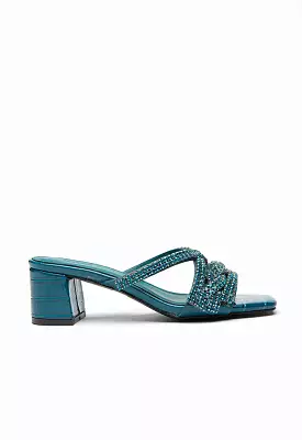 Crystal Vamp Block Mule Sandals with Embellishments