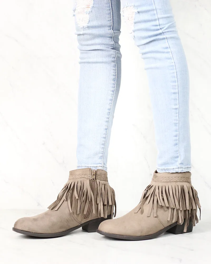 Faux Suede Fringe Western Inspired Boho Ankle Booties Taupe