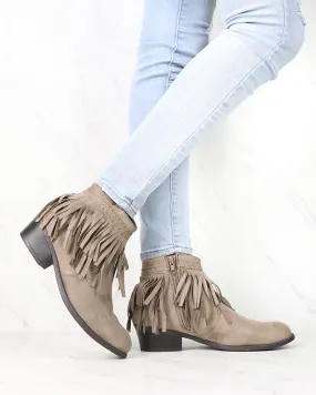 Faux Suede Fringe Western Inspired Boho Ankle Booties Taupe