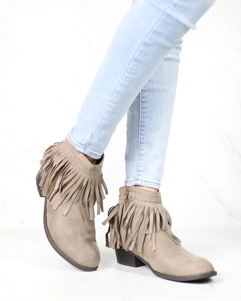 Faux Suede Fringe Western Inspired Boho Ankle Booties Taupe