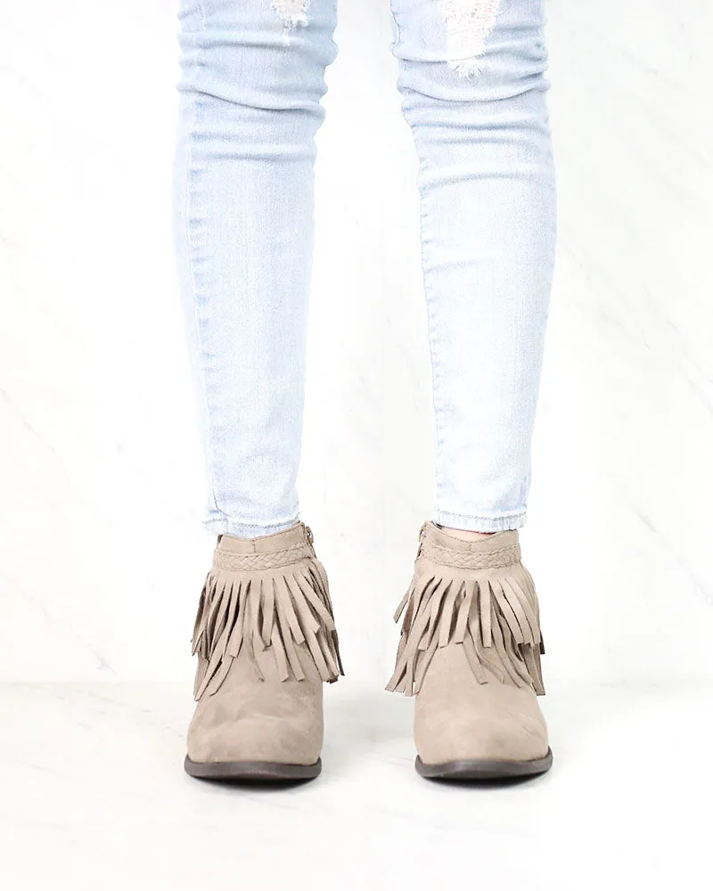 Faux Suede Fringe Western Inspired Boho Ankle Booties Taupe