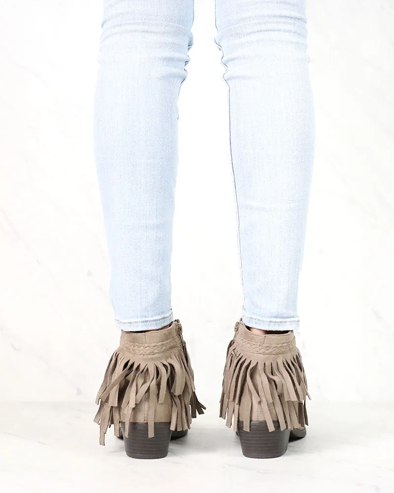 Faux Suede Fringe Western Inspired Boho Ankle Booties Taupe