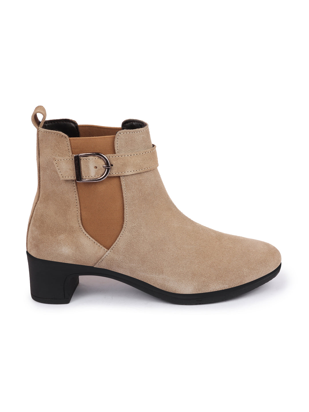 Flared Heel High Ankle Suede Leather Classic Winter Buckle Strap Chelsea Boots for Women