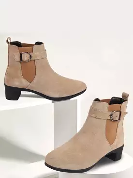 Flared Heel High Ankle Suede Leather Classic Winter Buckle Strap Chelsea Boots for Women