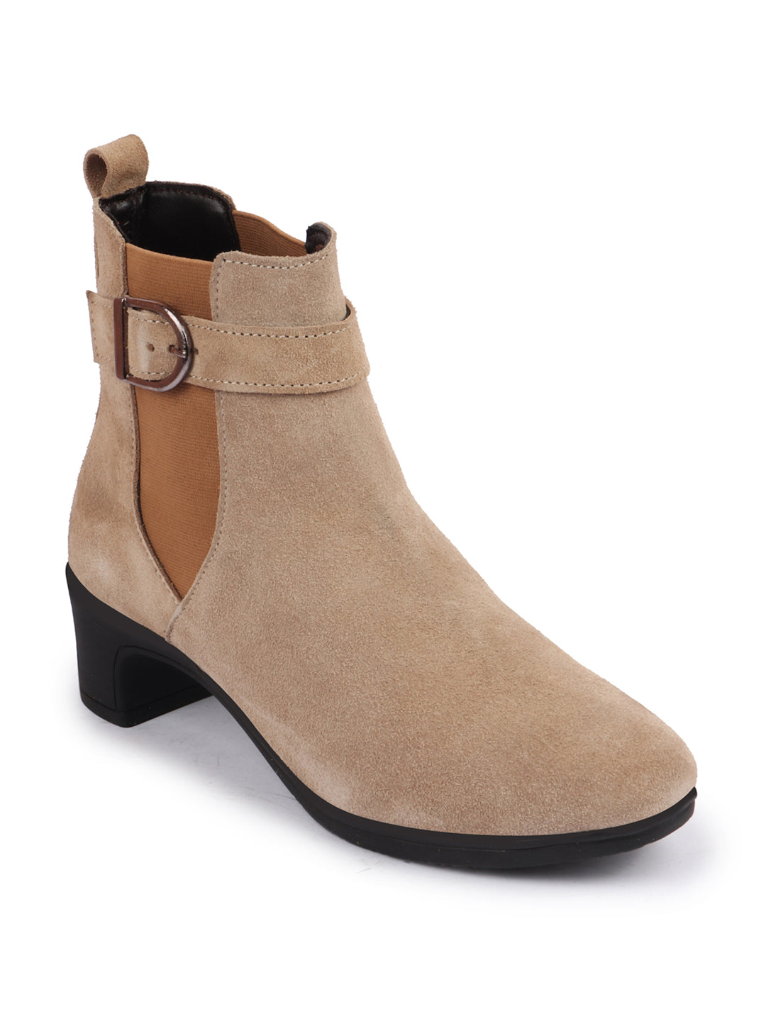 Flared Heel High Ankle Suede Leather Classic Winter Buckle Strap Chelsea Boots for Women