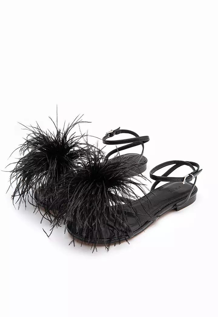 Flat Sandals with Dot Feather Trim.