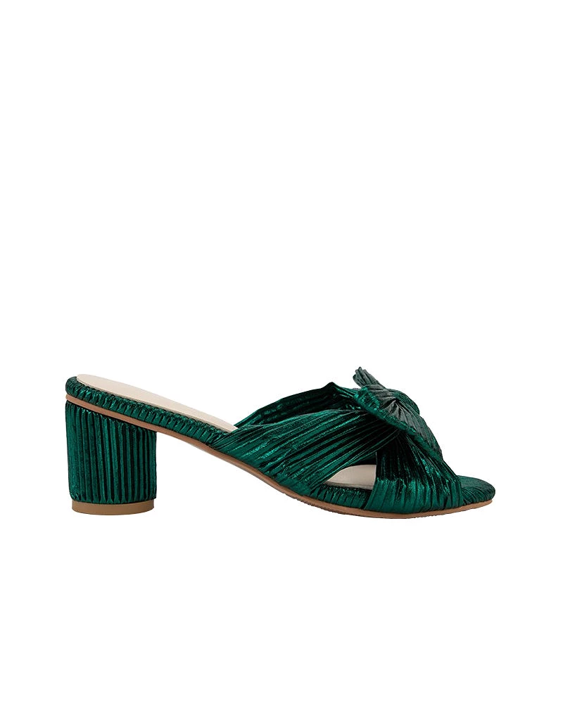 Green Pleated Bow Block Heel Sandals