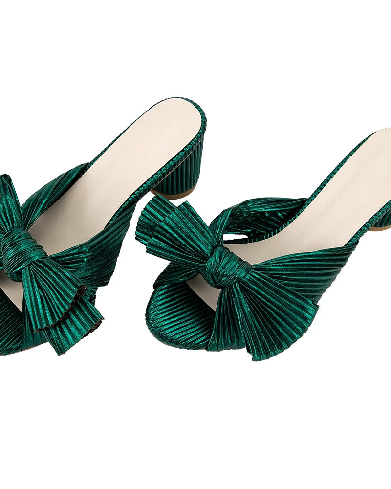 Green Pleated Bow Block Heel Sandals