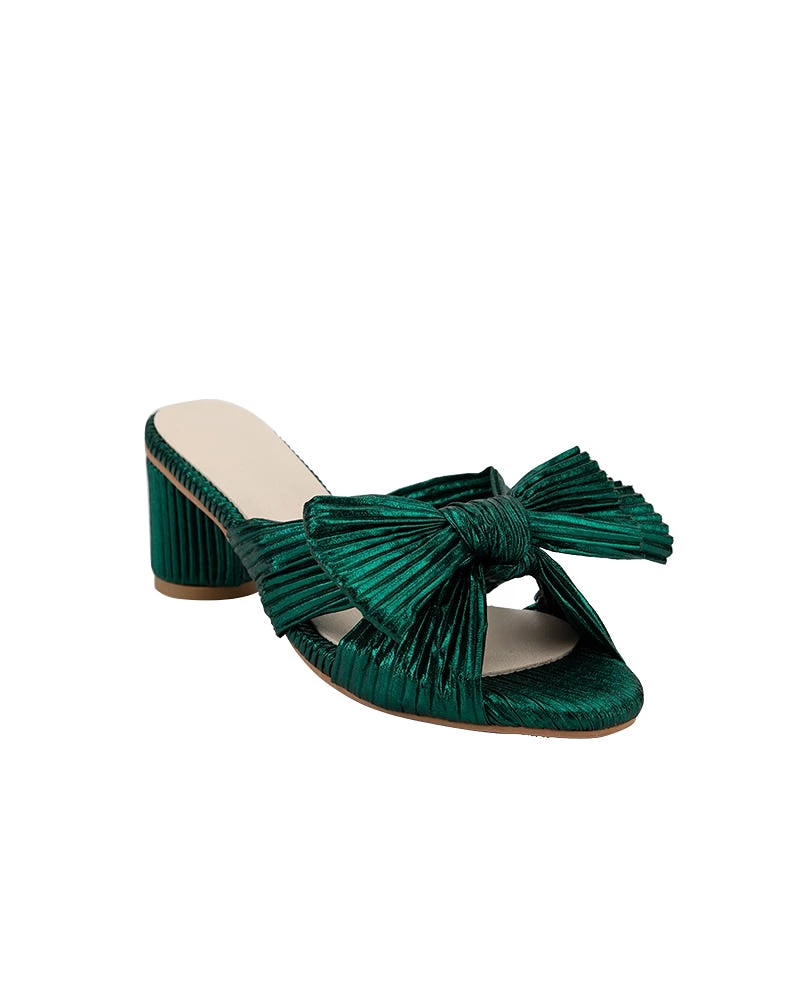 Green Pleated Bow Block Heel Sandals