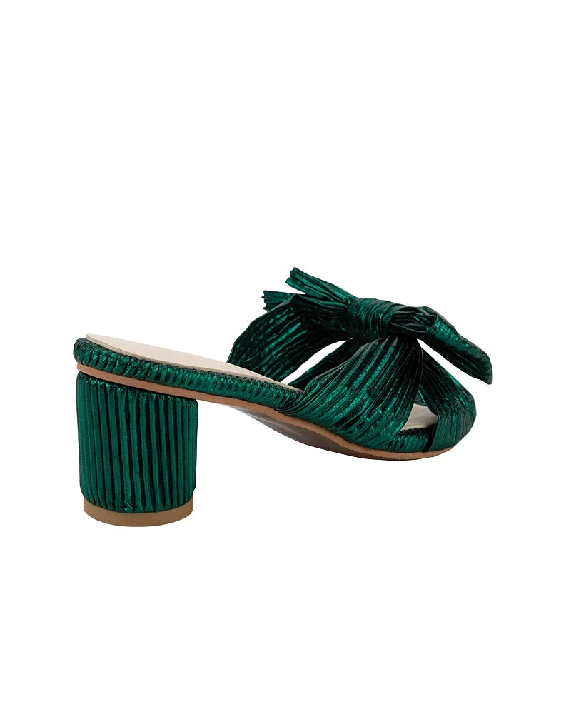 Green Pleated Bow Block Heel Sandals