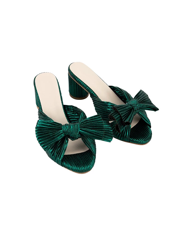 Green Pleated Bow Block Heel Sandals