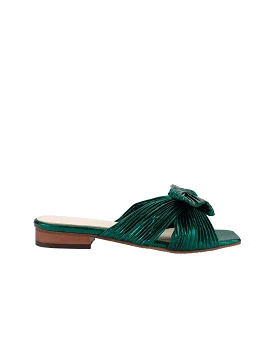 Green Pleated Bow Flat Sandals