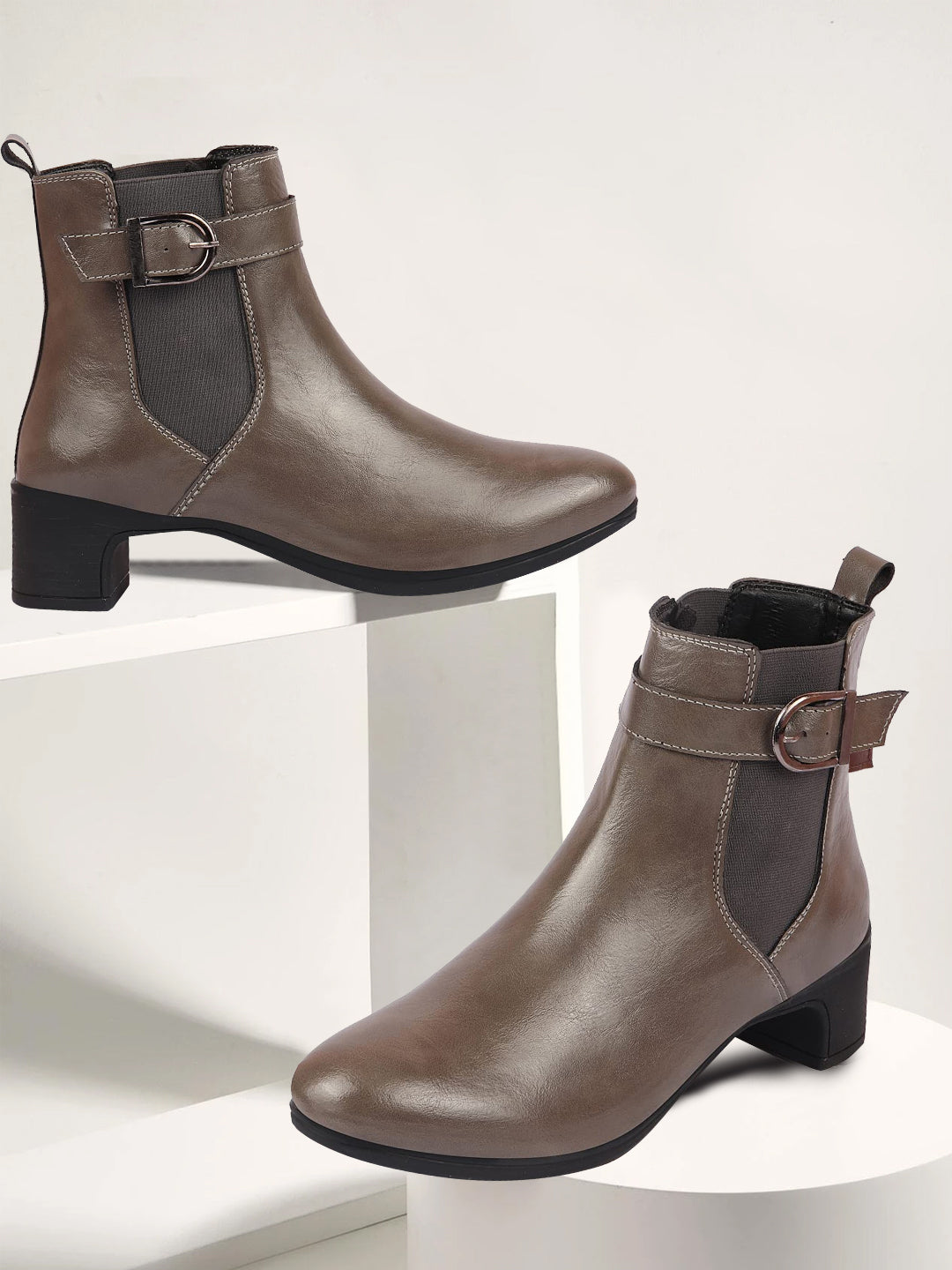 Grey Flared Heel High Ankle Classic Winter Buckle Strap Chelsea Boots for Women