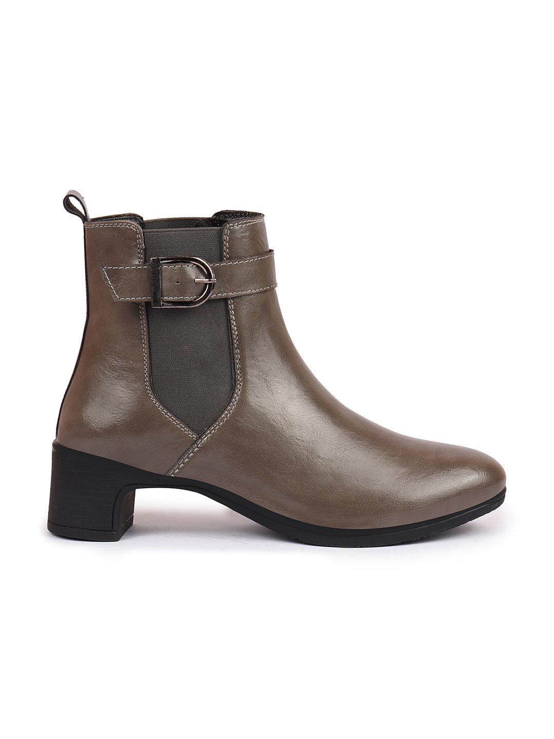 Grey Flared Heel High Ankle Classic Winter Buckle Strap Chelsea Boots for Women