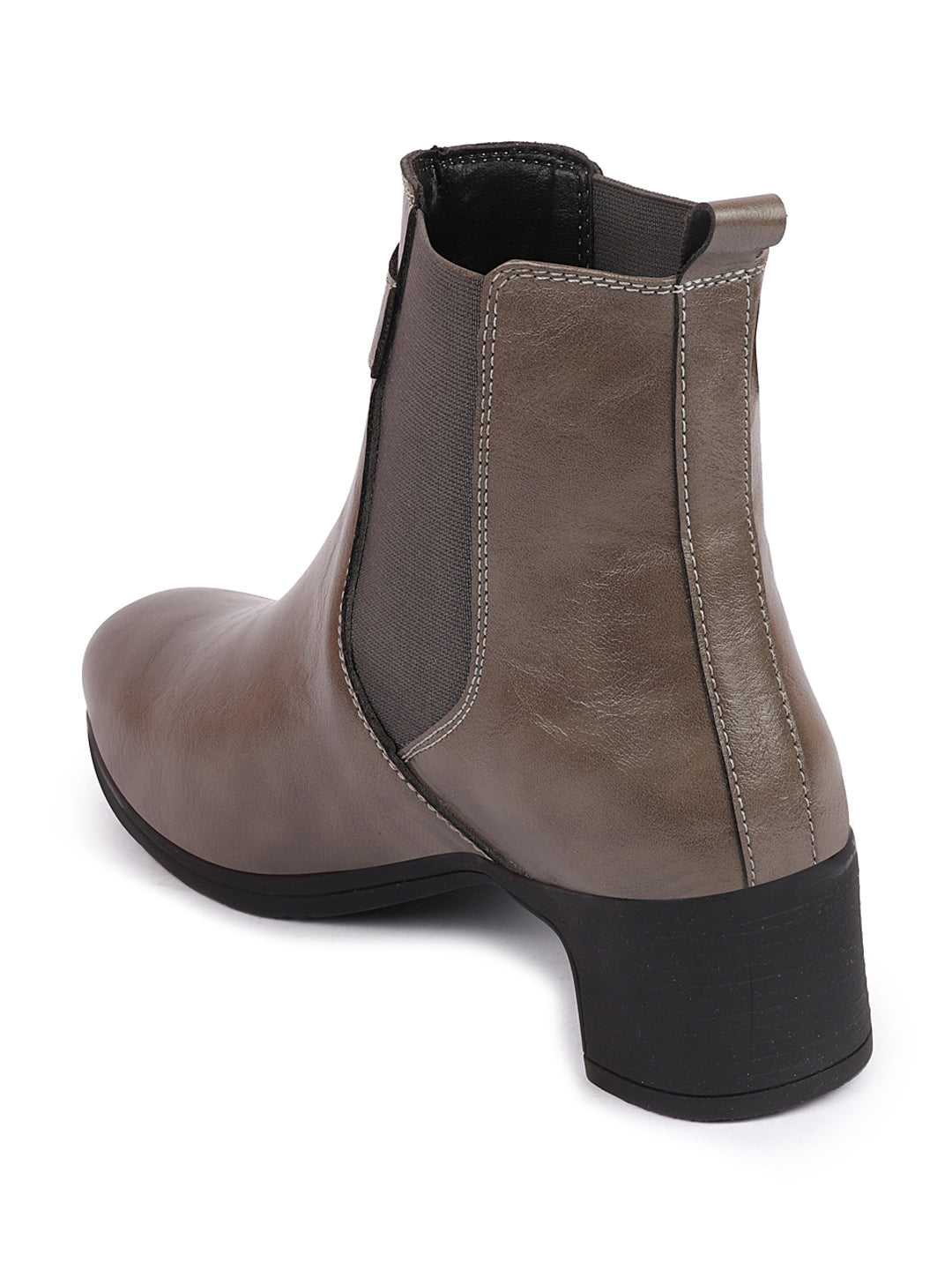 Grey Flared Heel High Ankle Classic Winter Buckle Strap Chelsea Boots for Women