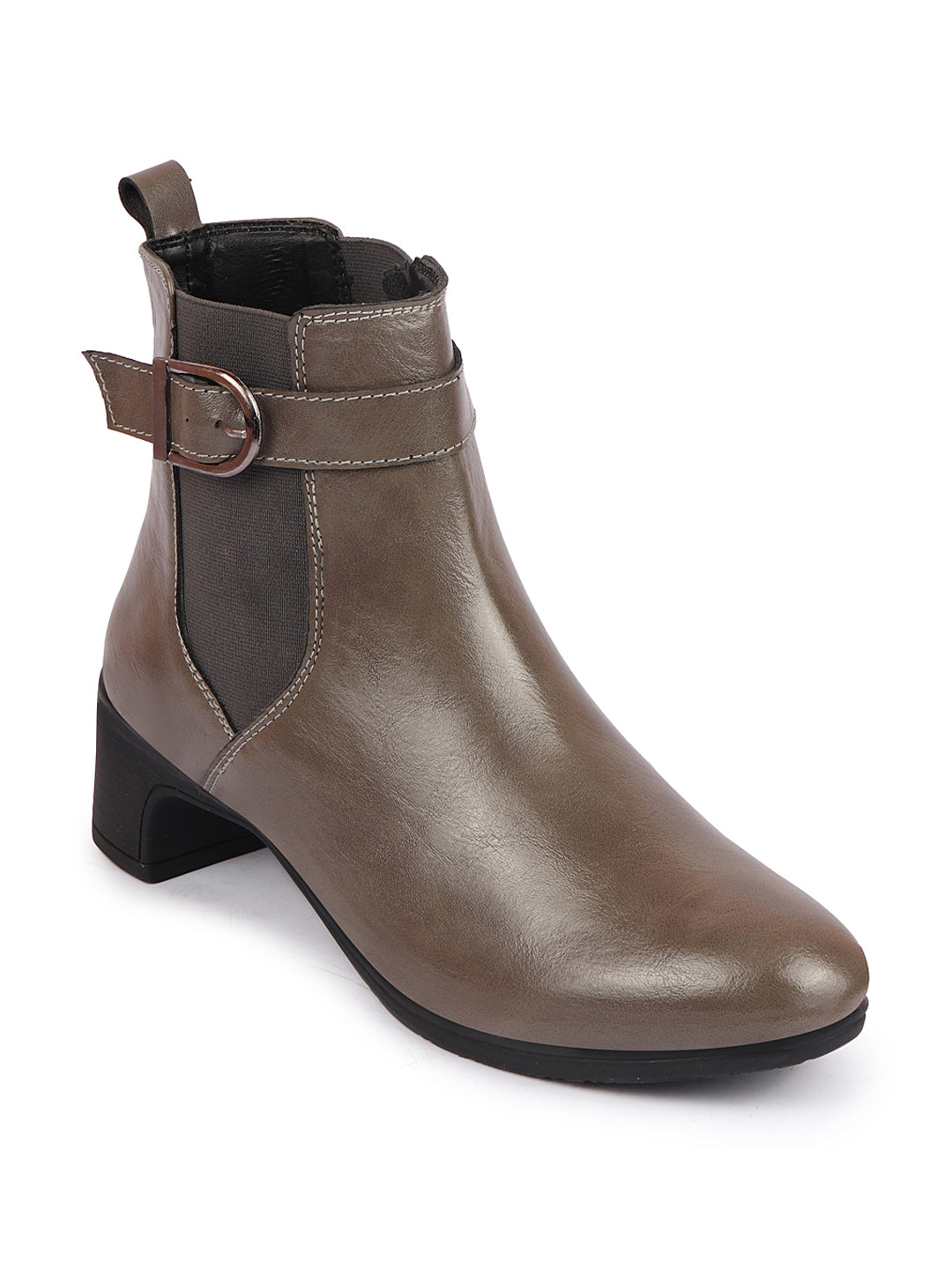 Grey Flared Heel High Ankle Classic Winter Buckle Strap Chelsea Boots for Women