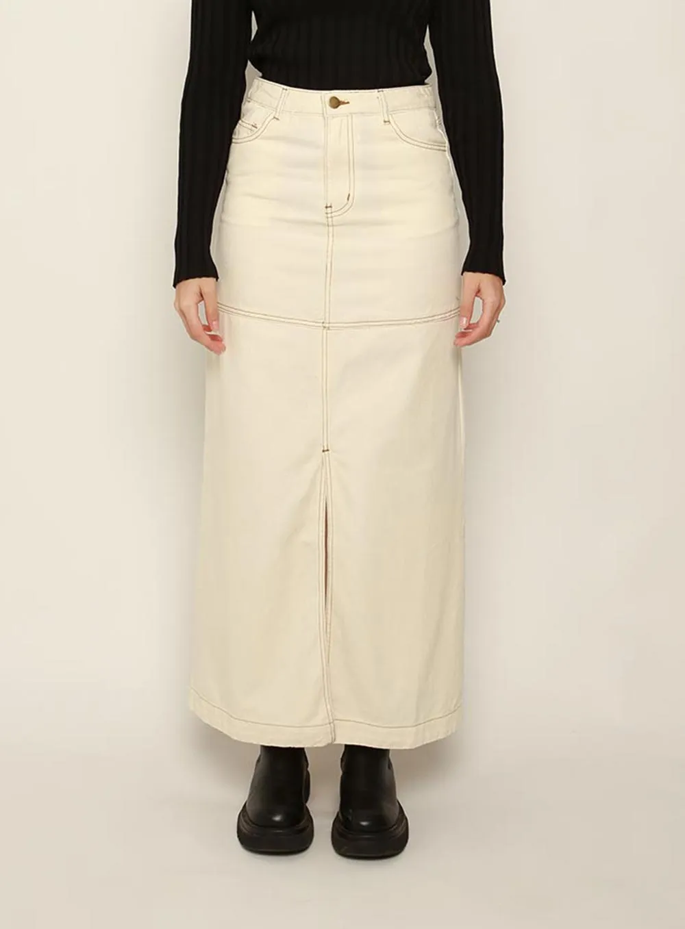 Ivory denim midi skirt