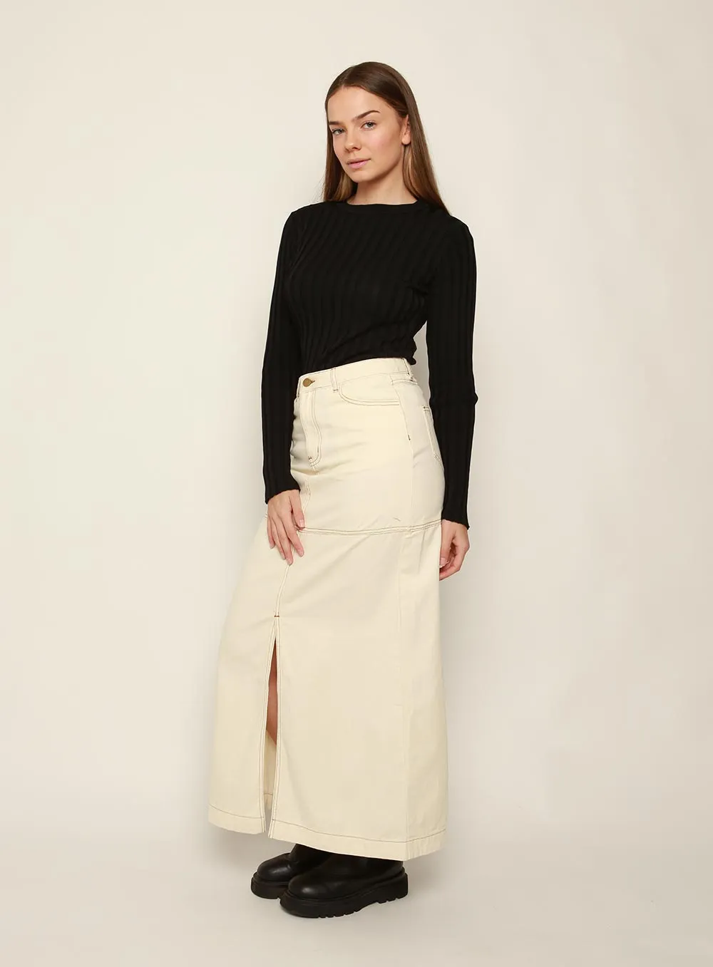 Ivory denim midi skirt