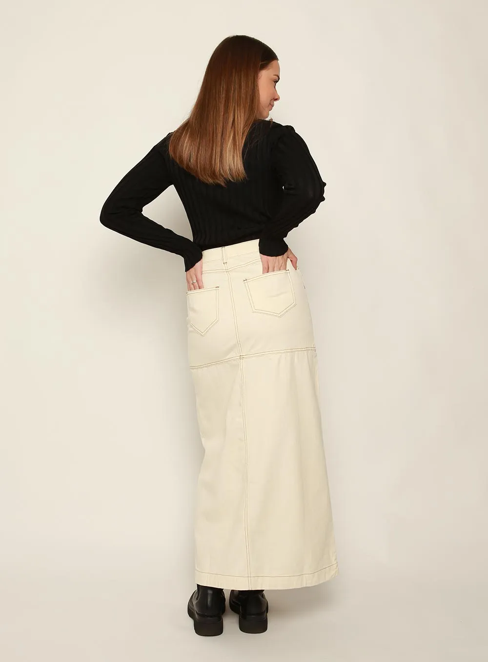 Ivory denim midi skirt