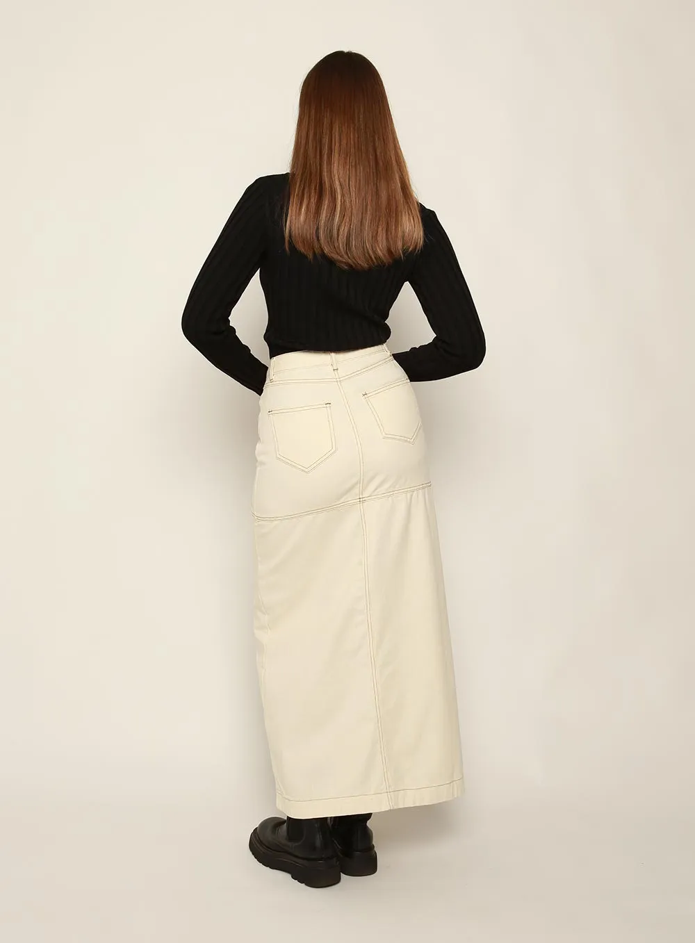 Ivory denim midi skirt