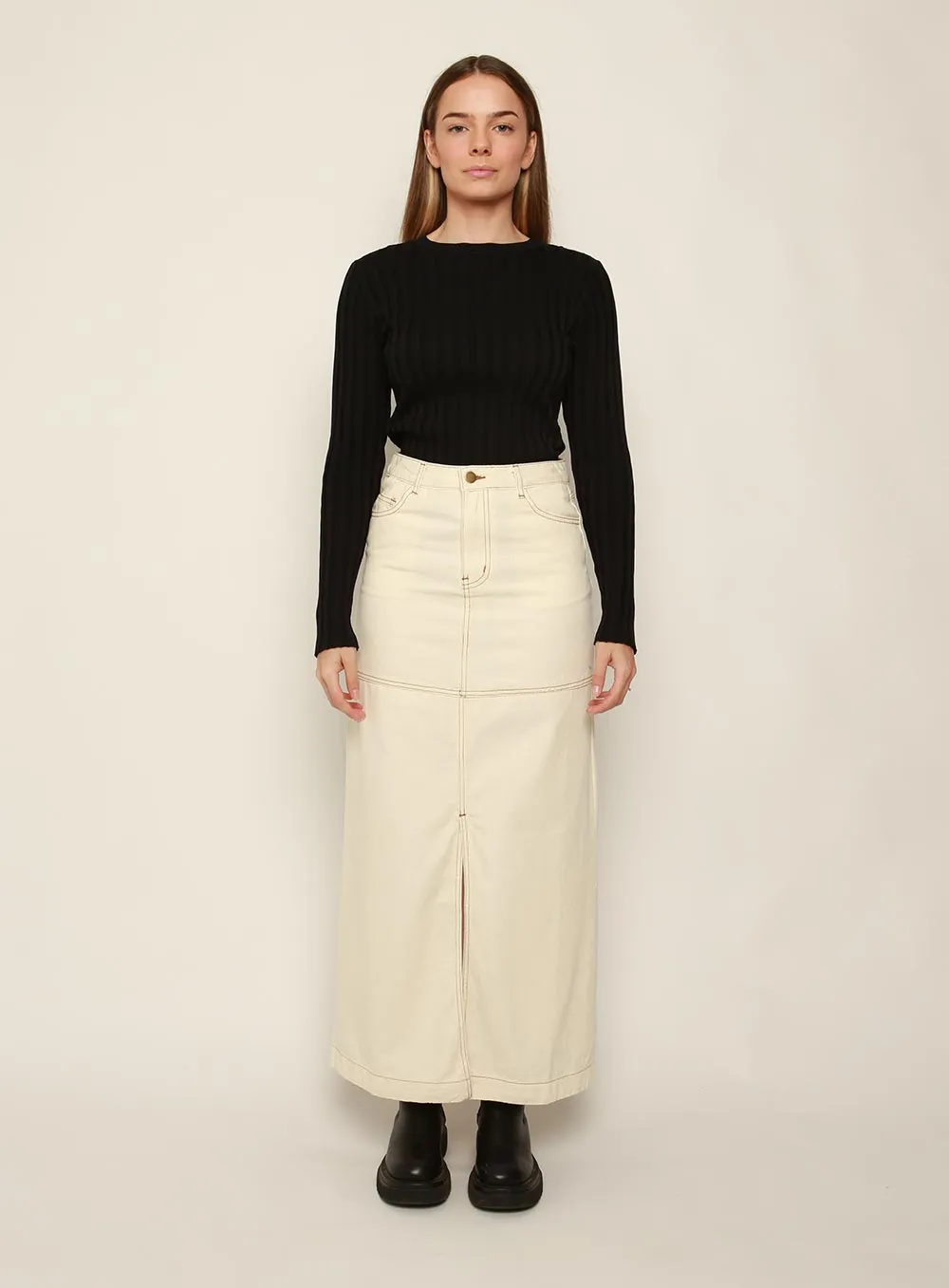 Ivory denim midi skirt