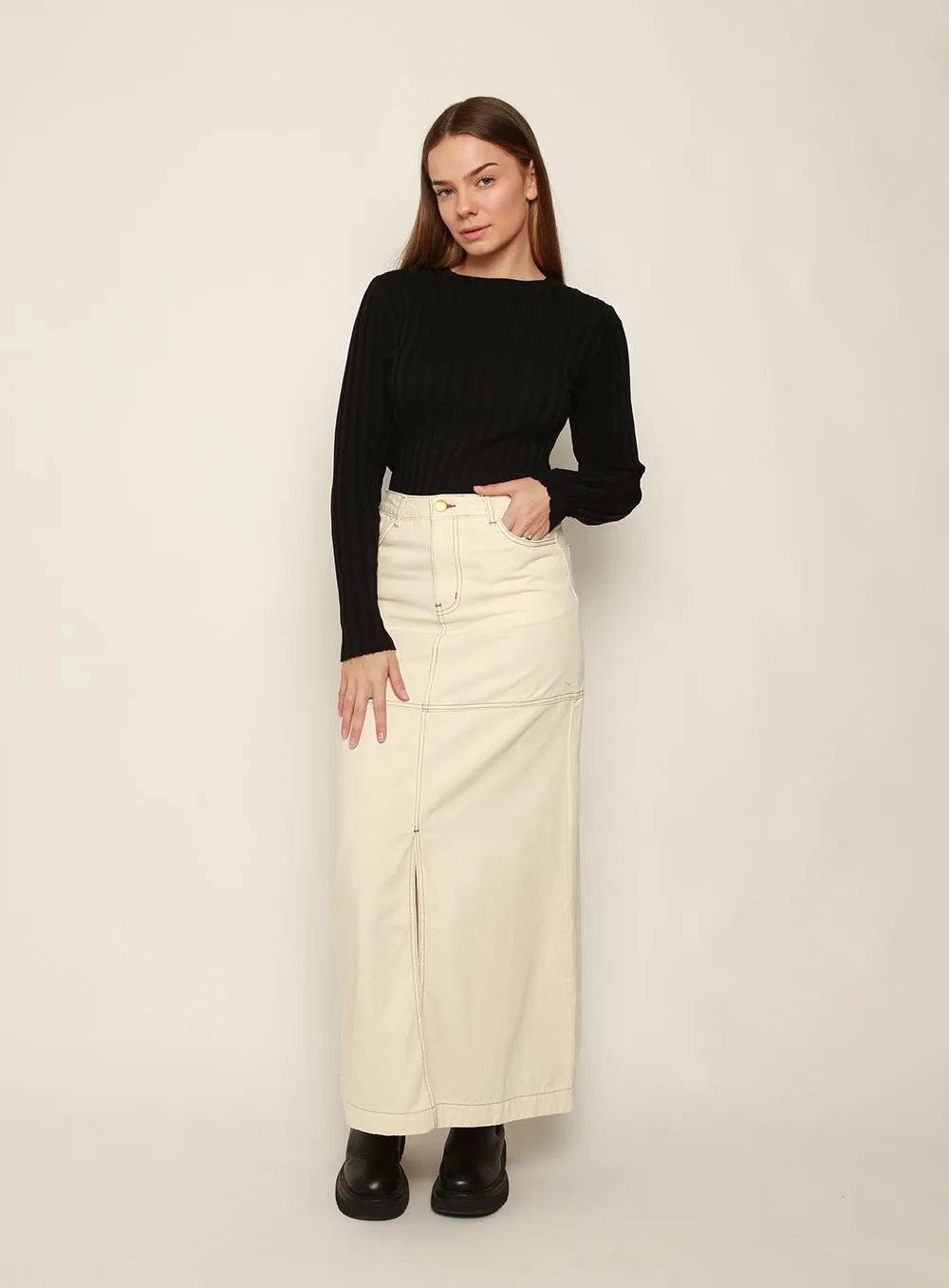 Ivory denim midi skirt