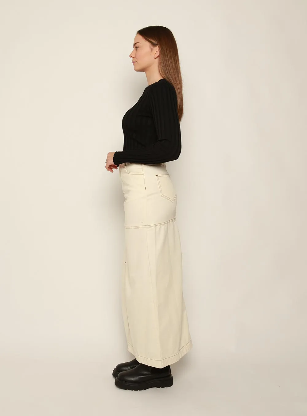 Ivory denim midi skirt