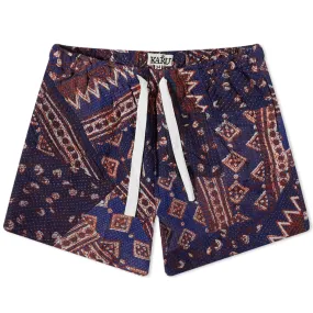 Karu Research Kantha Quilt Shorts in Indigo, Red & Gold