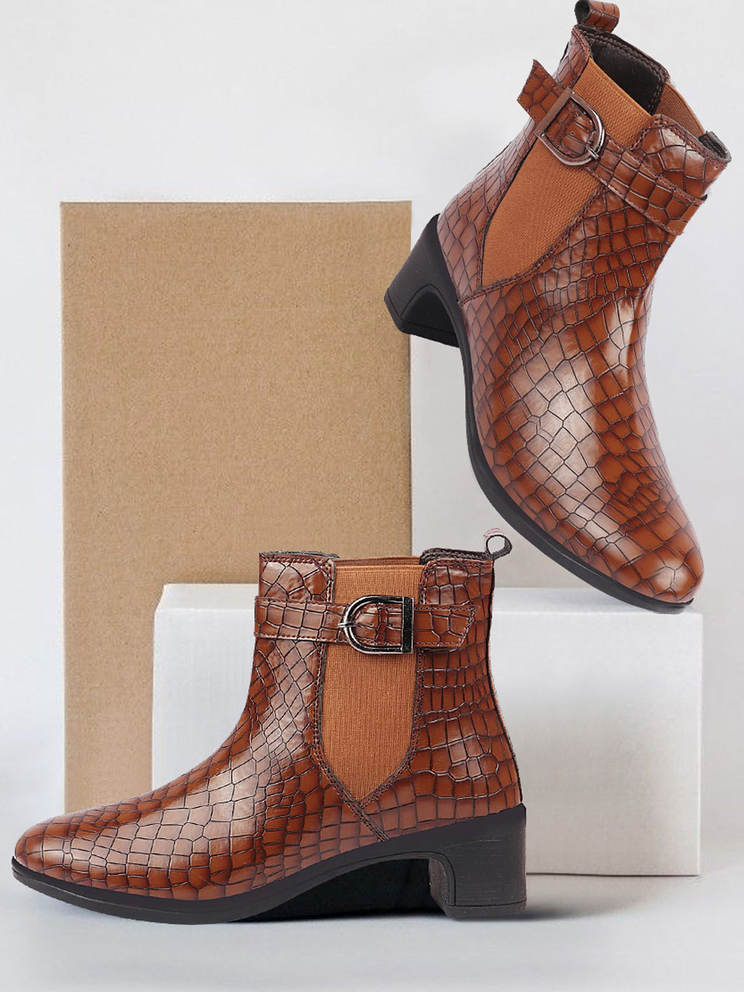 Leopard Print Flared Heel High Ankle Winter Chelsea Boots for Women with Buckle Strap