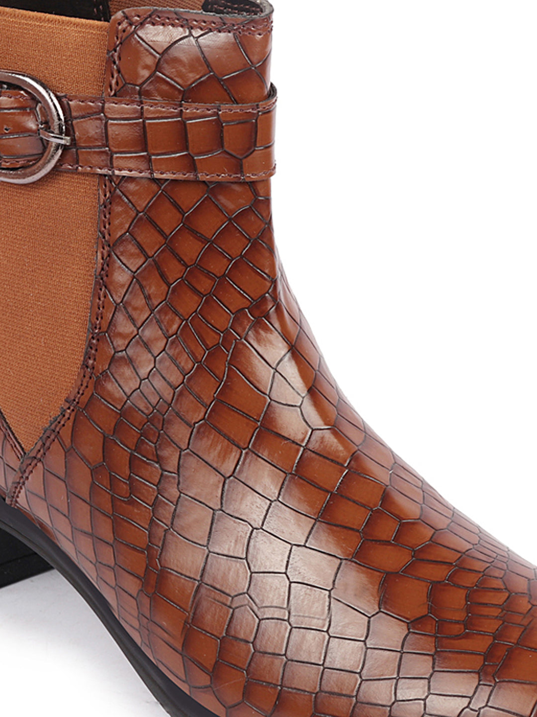 Leopard Print Flared Heel High Ankle Winter Chelsea Boots for Women with Buckle Strap