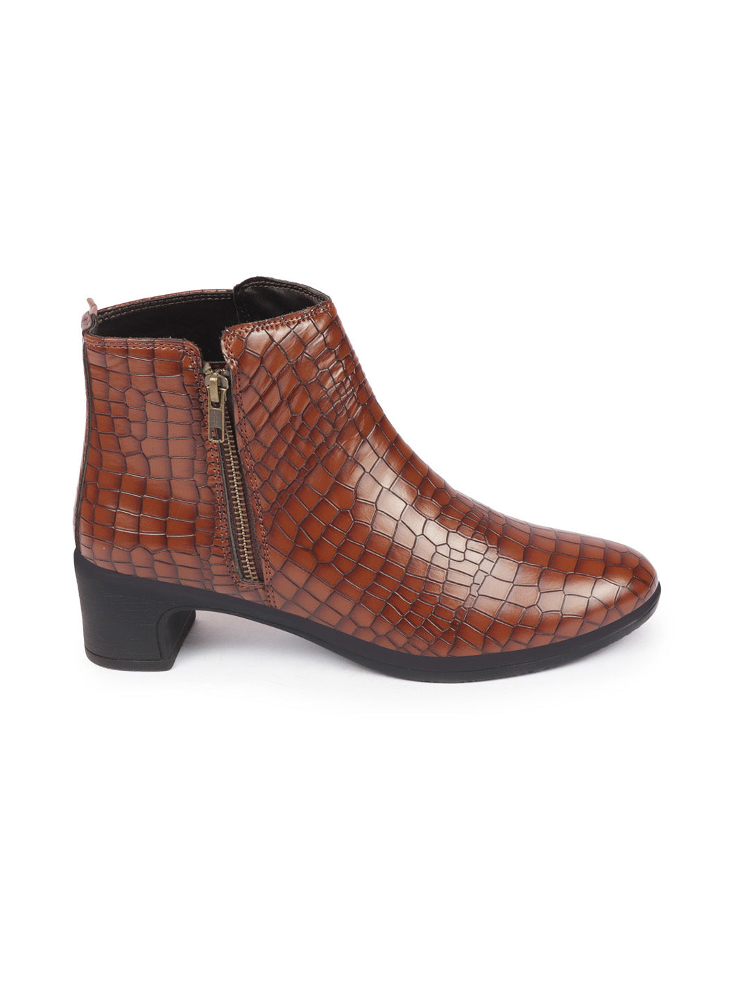 Leopard Print Flared Heel Mid Top Women's Classic Boots with Embossed Design and Side Zipper.