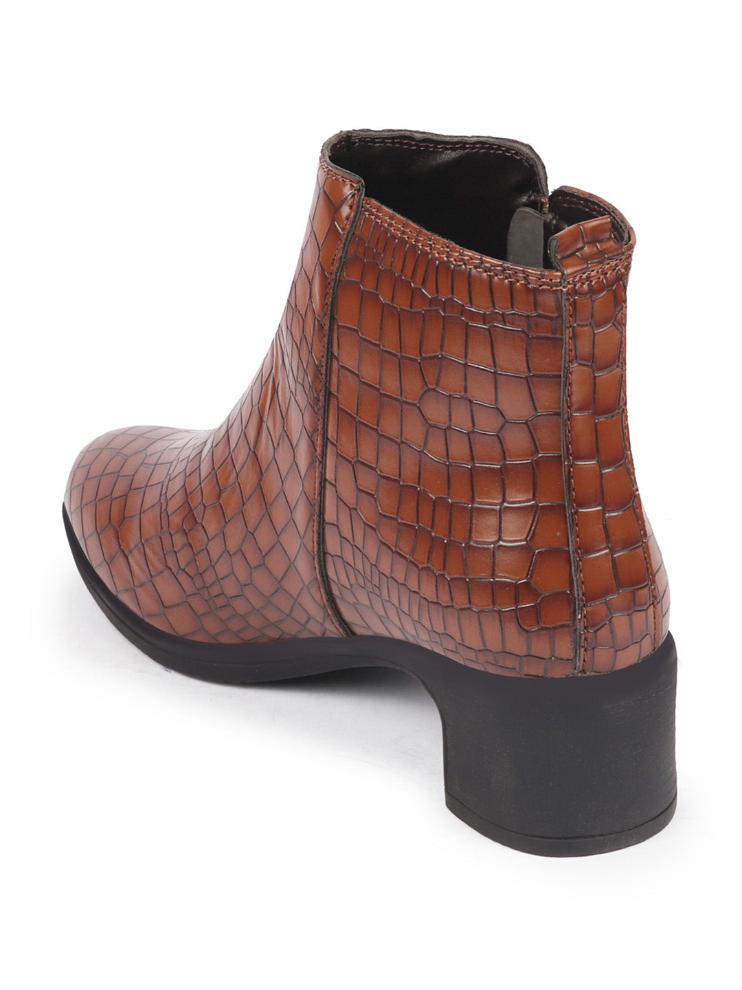 Leopard Print Flared Heel Mid Top Women's Classic Boots with Embossed Design and Side Zipper.