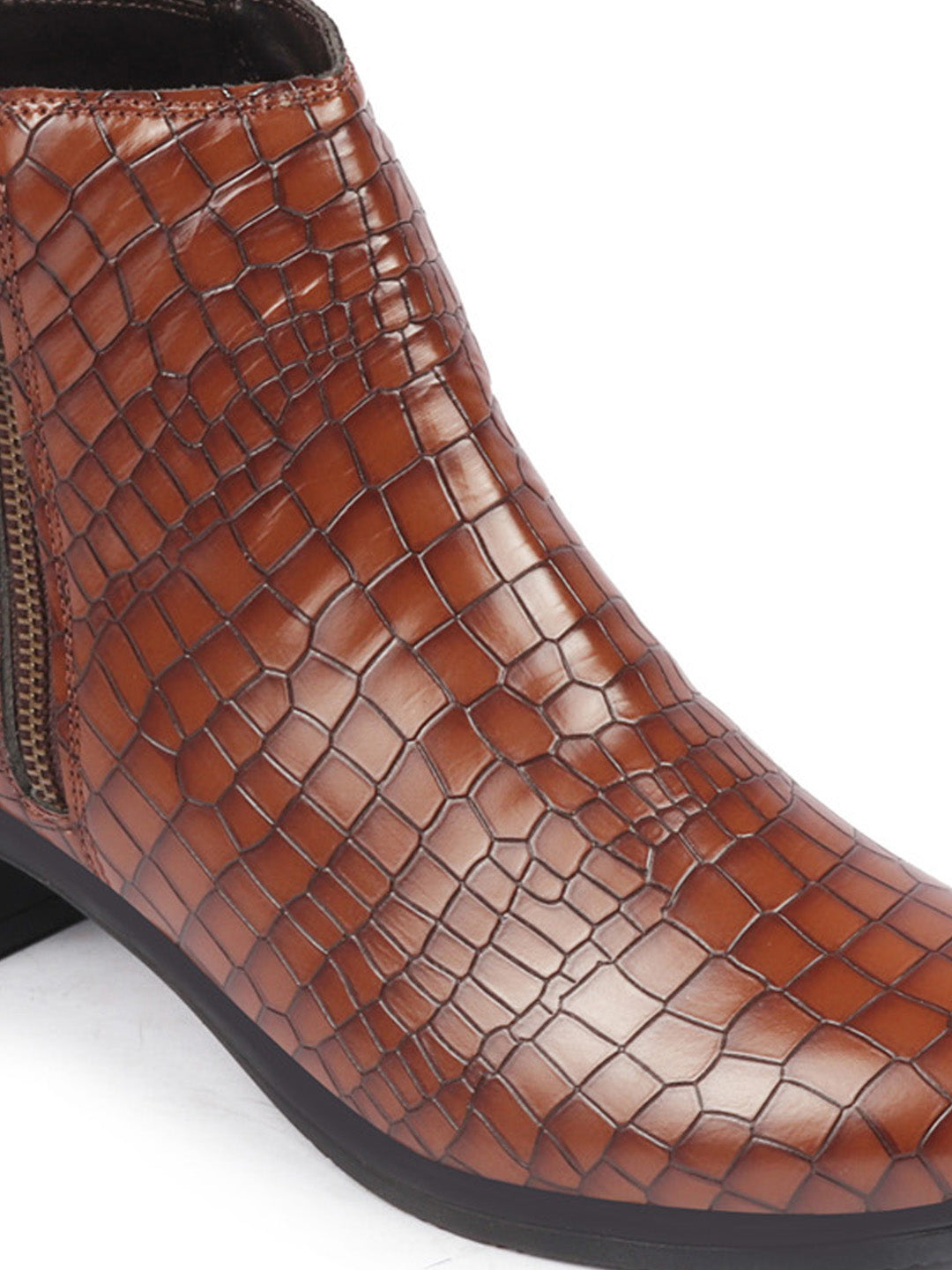 Leopard Print Flared Heel Mid Top Women's Classic Boots with Embossed Design and Side Zipper.