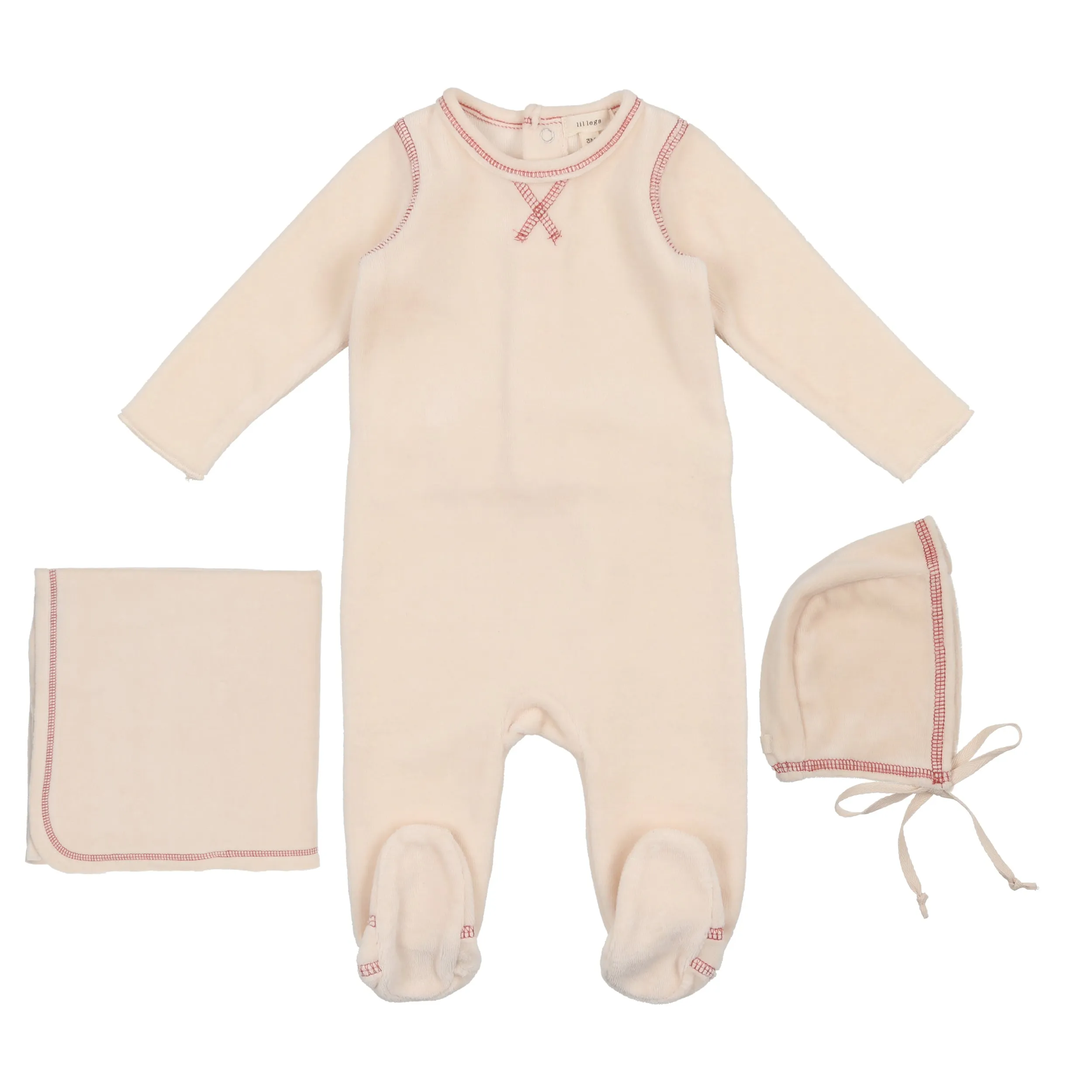 Lil Legs Baby Cream Velour Layette Set with Winter Pink Stitching