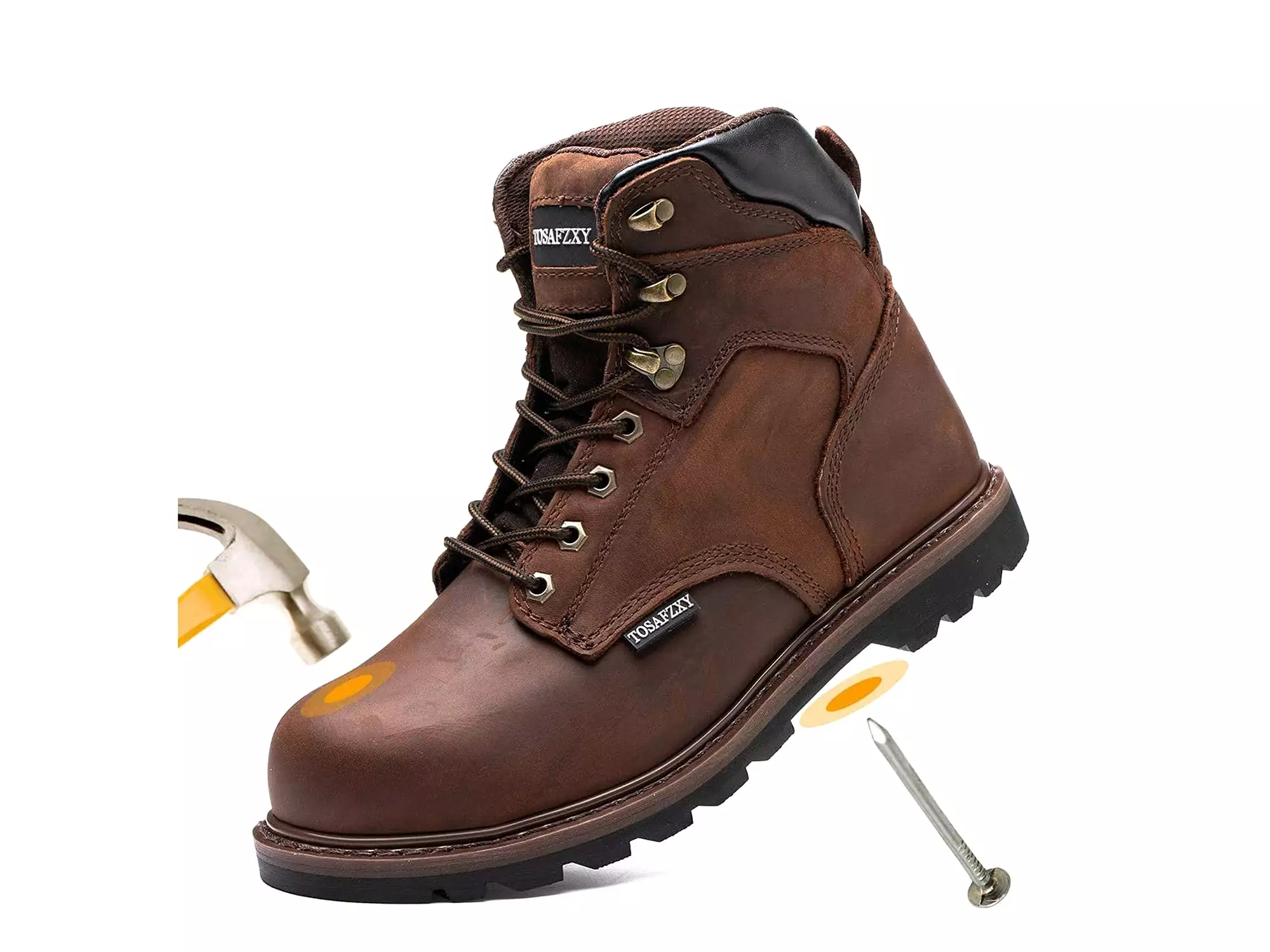 Men's steel toe work boots, leather and rubber construction safety shoes for industrial, non-slip work