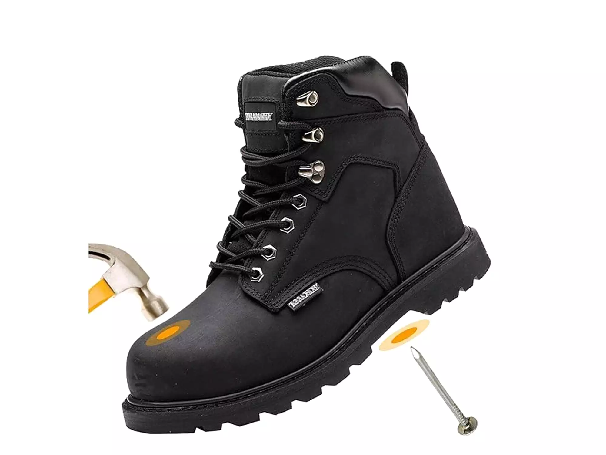 Men's steel toe work boots, leather and rubber construction safety shoes for industrial, non-slip work