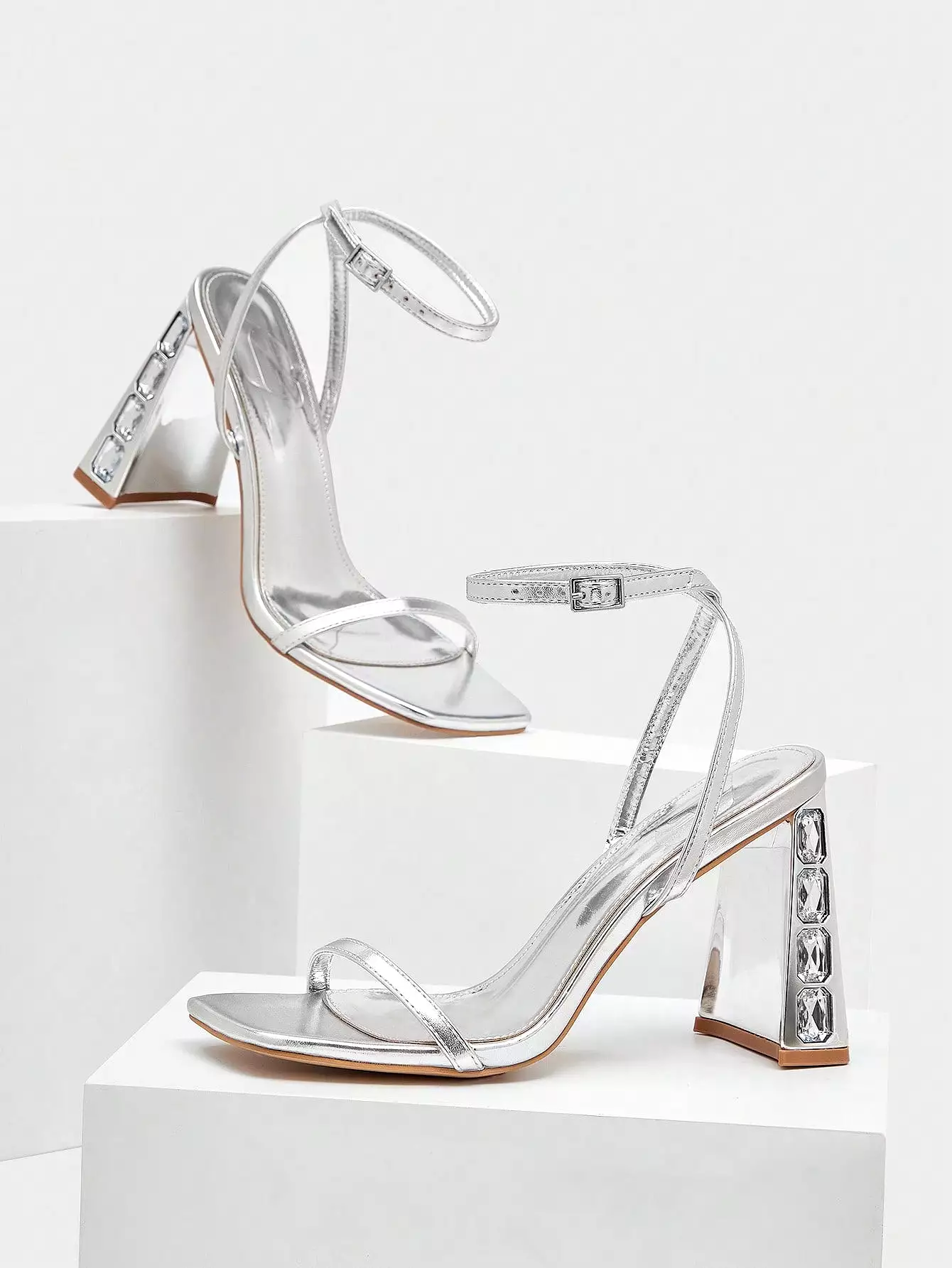 Metallic Silver Chunky Heeled Sandals | Thin Strap Glamorous Ankle Strap Sandals