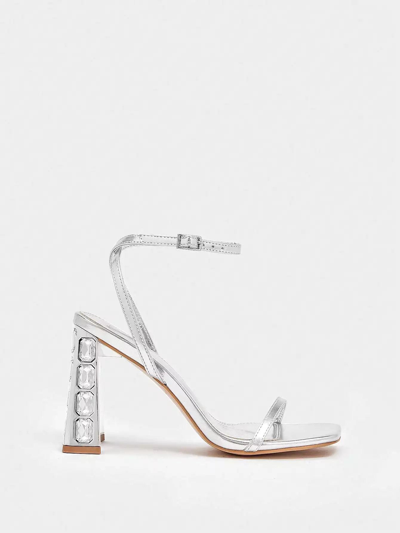 Metallic Silver Chunky Heeled Sandals | Thin Strap Glamorous Ankle Strap Sandals