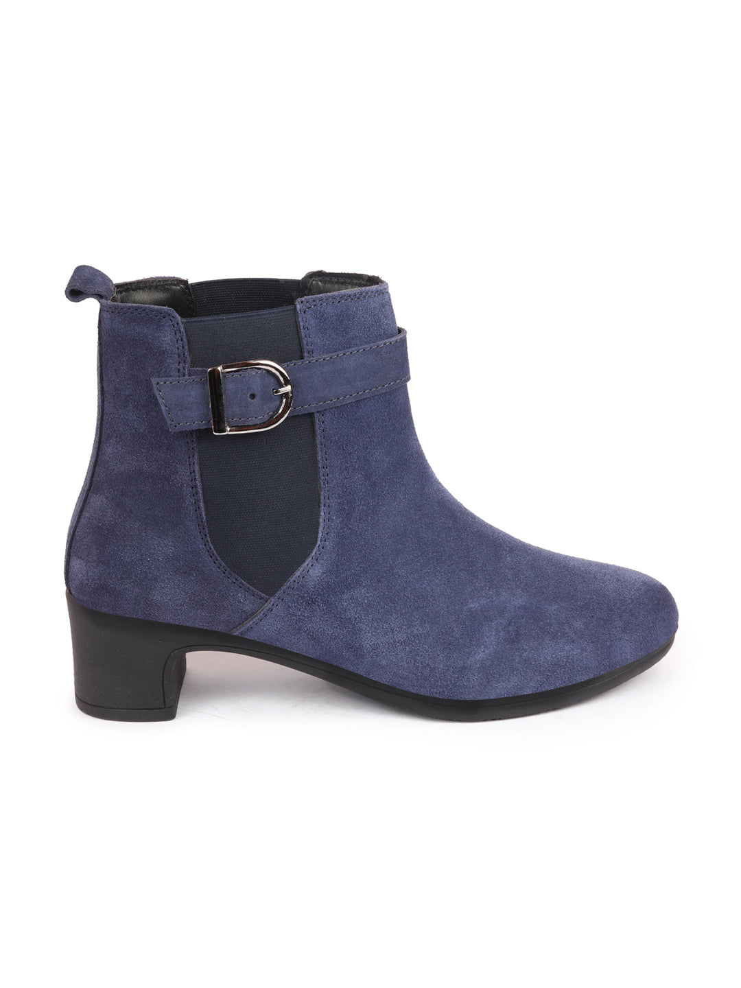 Navy Flared Heel High Ankle Suede Leather Classic Winter Buckle Strap Women's Chelsea Boots